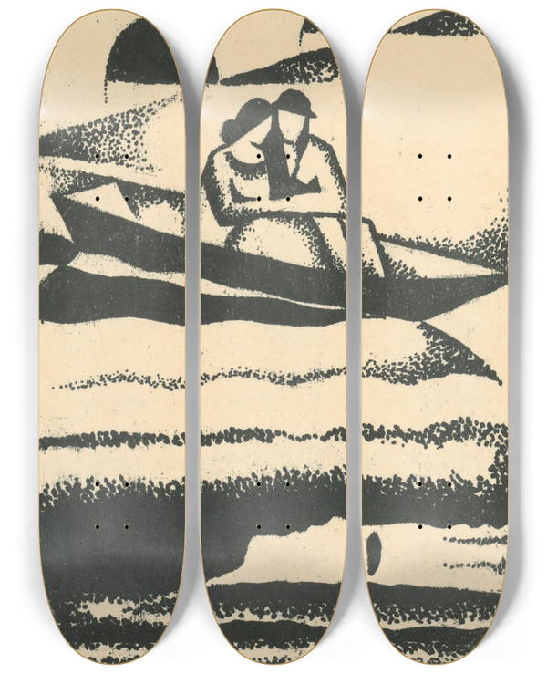 Triptych art skateboard deck of Mikul Galanda On The River by Mikulas Galanda (1895-1938)