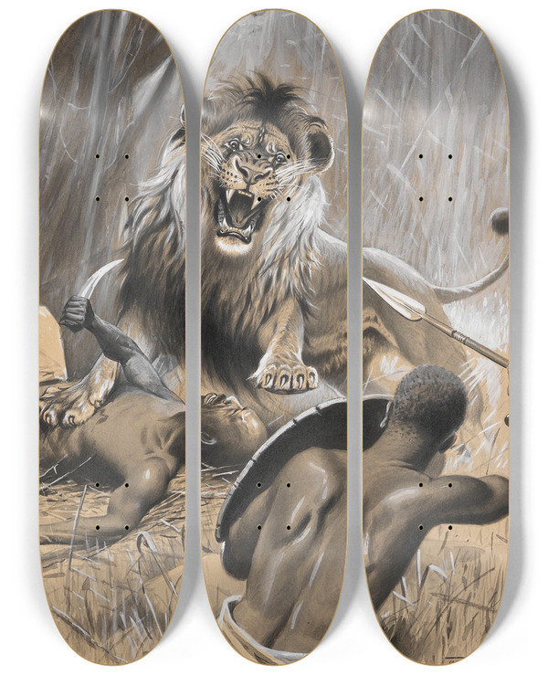 Triptych art skateboard deck of Wilhelm Kuhnert Lwenjagd by Wilhelm Kuhnert (1865-1926)