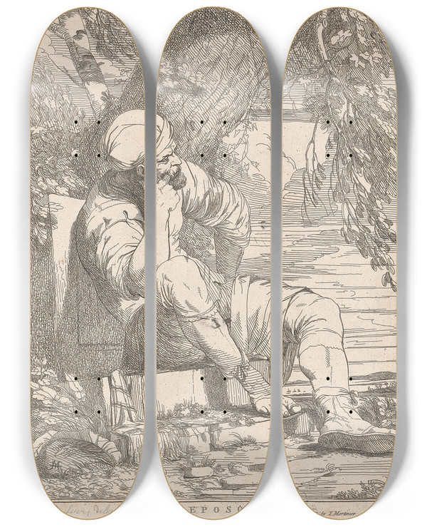 Triptych art skateboard deck of John Hamilton Mortimer Reposa by John Hamilton Mortimer (1740-1779)
