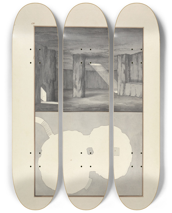 Triptych art skateboard deck of Giovanni Battista Borra View And Plan Of The Grotto Of St Jerome At Lydda Lod by Giovanni Battista Borra (1713-1770)