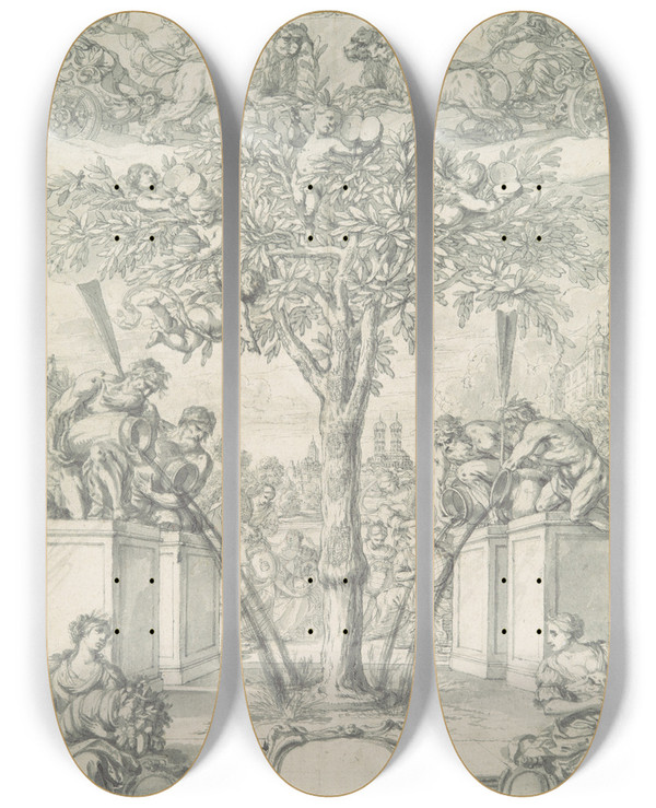 Triptych art skateboard deck of Jonas Umbach An Allegory Of The Union Of The House Of Orange And The Wittelsbach Family Design For A Title Page Of A Thesis by Jonas Umbach (1624-1700)