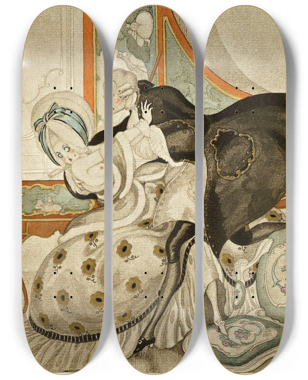 Triptych art skateboard deck of Gerda Wegener Sur Talons Rouges Pl 07 by Gerda Wegener (1886-1940)