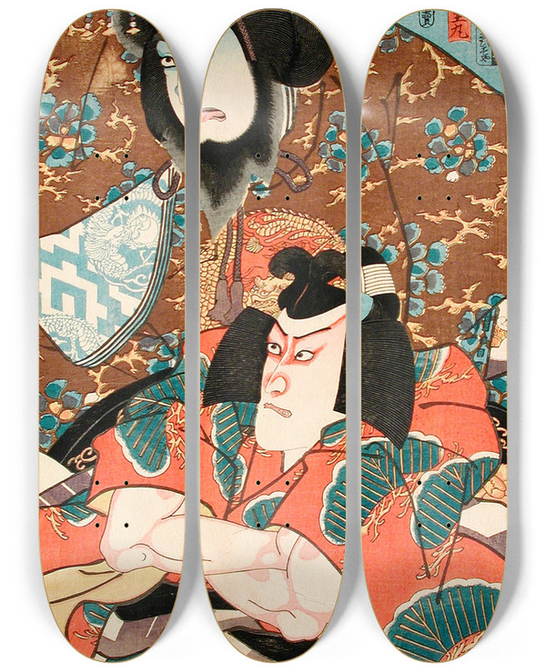 Triptych art skateboard deck of Utagawa Kunisada Toyokuni Iii Fujiwara No Tokihira And Toneri Matsumaru From The Play Sugawara Denj Tenarai Kagami by Utagawa Kunisada (Toyokuni III) (1786-1865)
