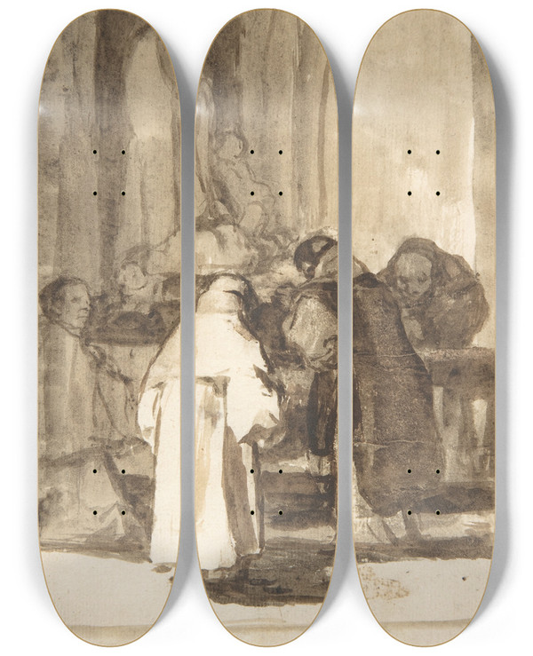 Triptych art skateboard deck of Francisco De Goya Figures Inside A Church by Francisco de Goya (1746-1828)