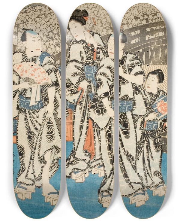Triptych art skateboard deck of Utagawa Kunisada Toyokuni Iii Summer Celebration In Edo by Utagawa Kunisada (Toyokuni III) (1786-1865)