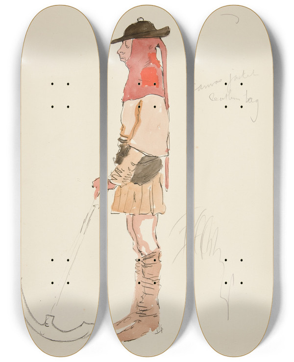 Triptych art skateboard deck of Edwin Austin Abbey Gardener Costume Sketch For Henry Irvings Planned Production Of King Richard Ii_1 by Edwin Austin Abbey (1852-1911)