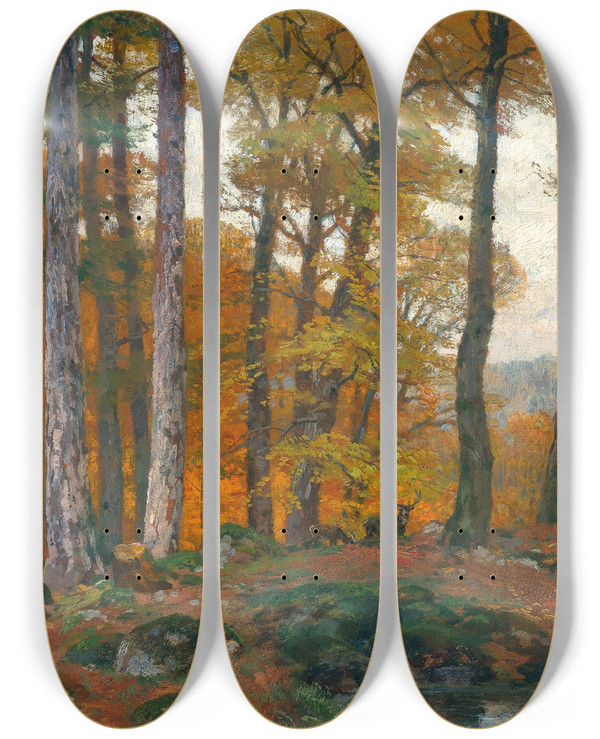 Triptych art skateboard deck of Hugo Darnaut A Forest Glade With Stags In Autumn by Hugo Darnaut (1850-1937)