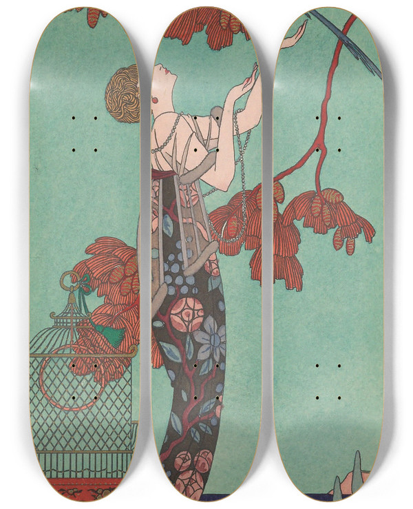 Triptych art skateboard deck of George Barbier Loiseau Volage by George Barbier (1882-1932)