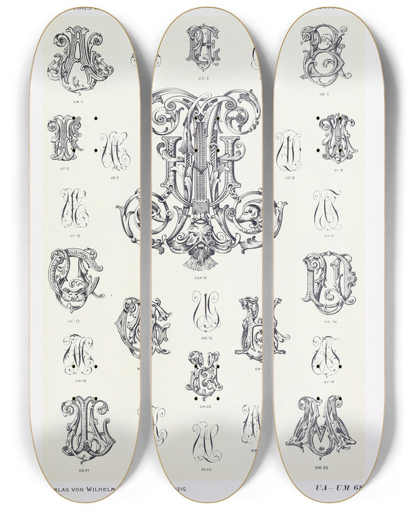 Triptych art skateboard deck of Wilhelm Diebener Monogrammes Und Dekorationen Pl068 by Wilhelm Diebener (1922)