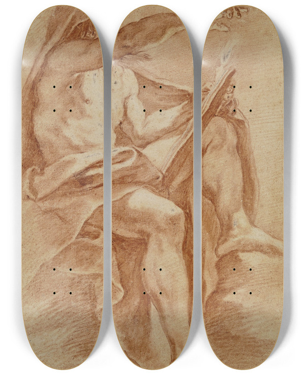 Triptych art skateboard deck of Giacomo Cavedone Sitzender Prophet Mit Buch Im Kerzenschein Nach Rechts Deutend by Giacomo Cavedone (1577-1660)