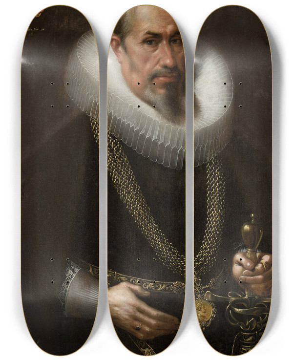 Triptych art skateboard deck of Samuel Hofmann Portrait Of A Man In A Frill by Samuel Hofmann (1591-1648)