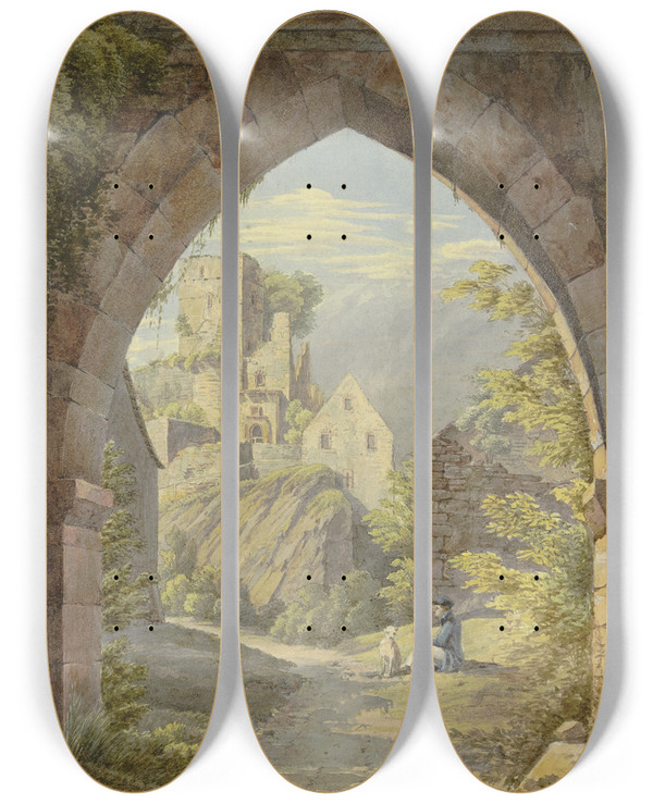 Triptych art skateboard deck of Georg Von Krieg Gotischer Bogen Mit Durchblick Auf Eine Burg by Georg Von Krieg (19-)