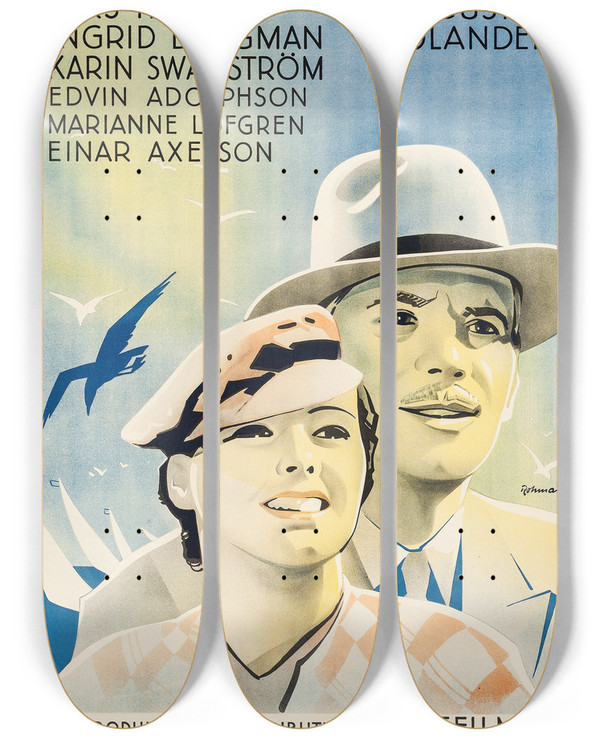 Triptych art skateboard deck of Eric Rohman On The Sunny Side by Eric Rohman (1891-1949)