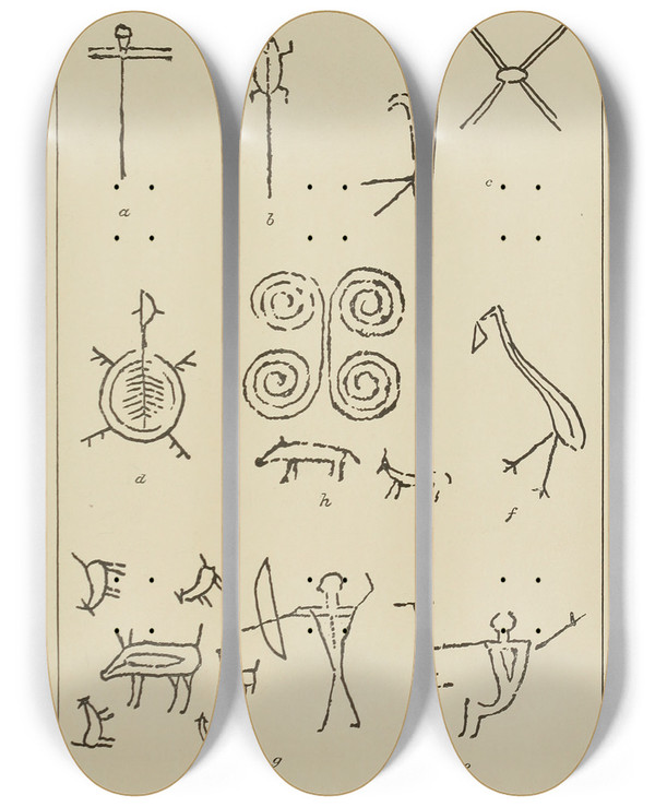 Triptych art skateboard deck of Garrick Mallery Pictures On Dotaku Japan by Garrick Mallery (1831-1894)