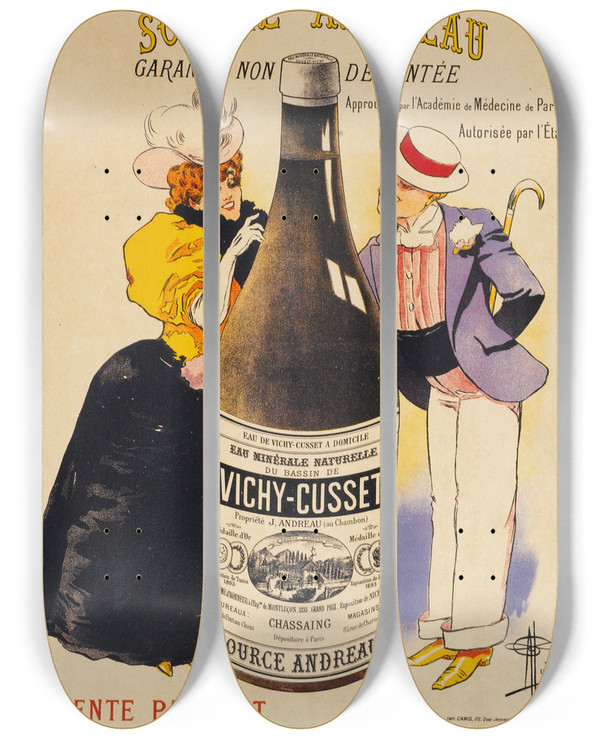 Triptych art skateboard deck of Albert Guillaume Vichycusset Source Andreau by Albert Guillaume (1873-1942)