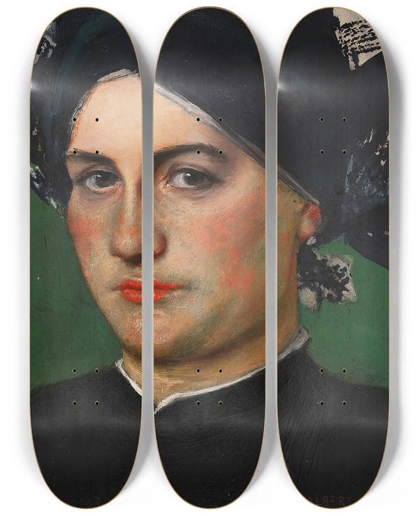 Triptych art skateboard deck of Albert Von Keller Altdeutsche Frau by Albert Von Keller (1844-1920)