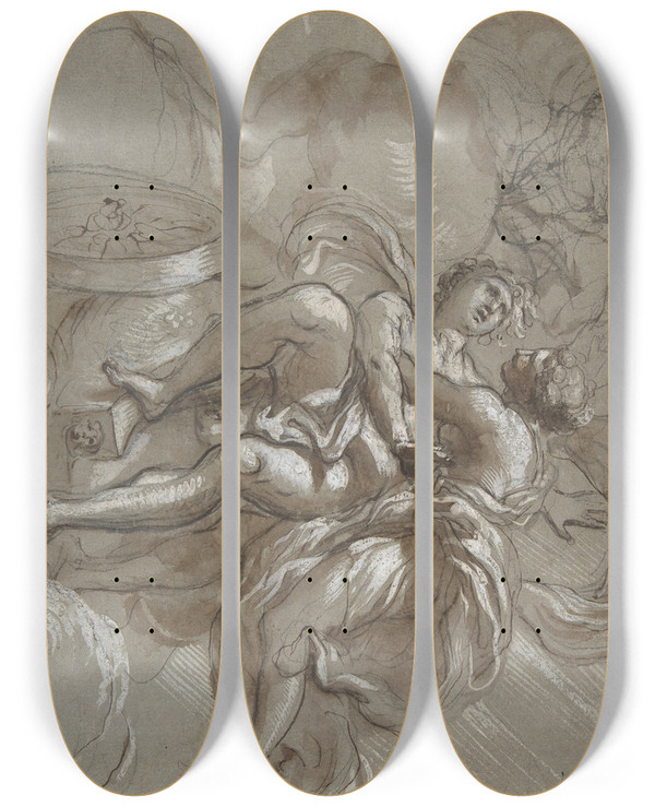 Triptych art skateboard deck of Lorenzo De Ferrari Aurora And Cephalus by Lorenzo De Ferrari (1680-1744)