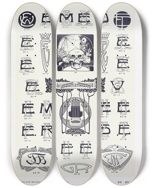 Triptych art skateboard deck of Wilhelm Diebener Monogrammes Und Dekorationen Pl087 by Wilhelm Diebener (1922)