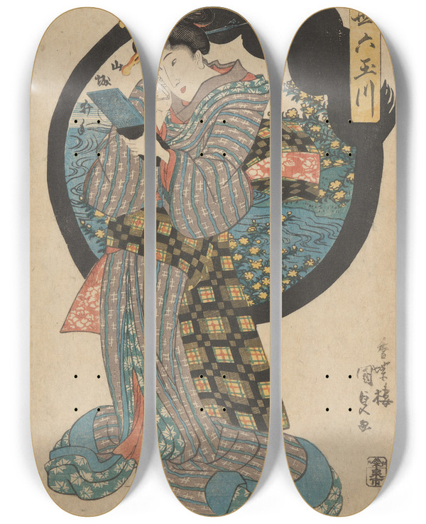 Triptych art skateboard deck of Utagawa Kunisada Toyokuni Iii Woman Putting On Makeup by Utagawa Kunisada (Toyokuni III) (1786-1865)