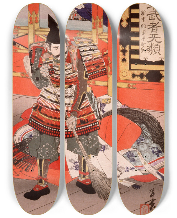 Triptych art skateboard deck of Tsukioka Yoshitoshi Shinchnagon Taira No Tomomori Sweeping The Deck by Tsukioka Yoshitoshi (1839-1892)