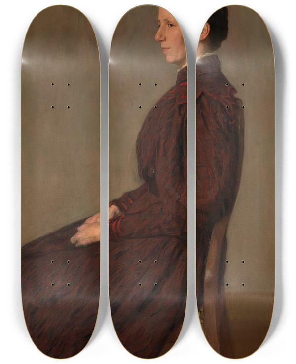 Triptych art skateboard deck of Erik Werenskiold Portrait Of Mrs Anna Dick by Erik Werenskiold (1855-1938)