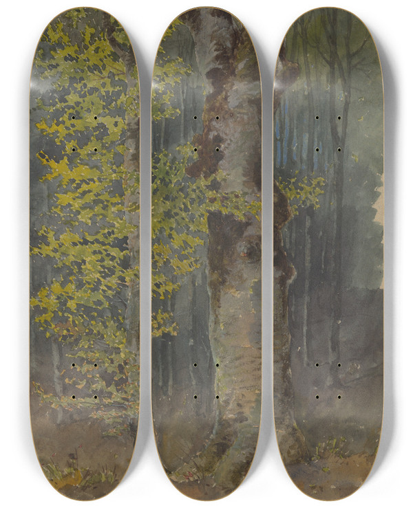 Triptych art skateboard deck of Friedrich Carl Von Scheidlin Study Of A Trunk Branching Out by Friedrich Carl Von Scheidlin (1822-1913)