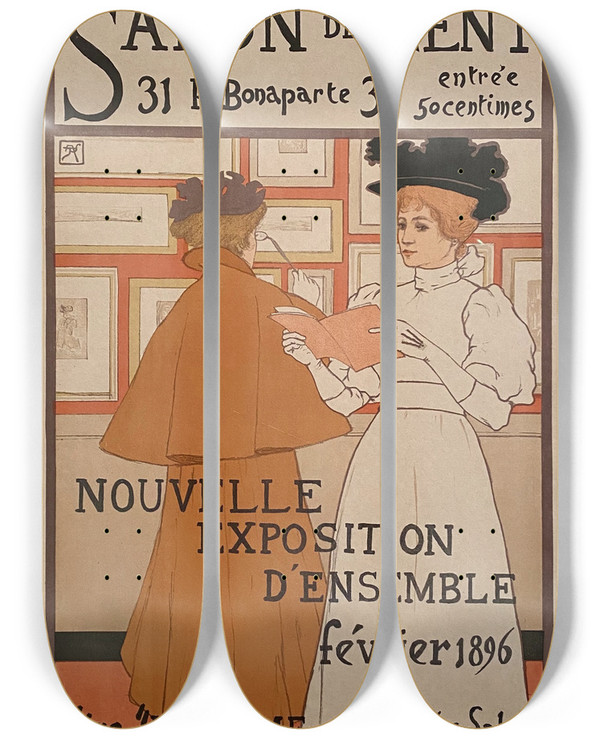 Triptych art skateboard deck of Armand Rassenfosse Salon Des Cent Nouvelle Exposition Densemble by Armand Rassenfosse (1862-1934)