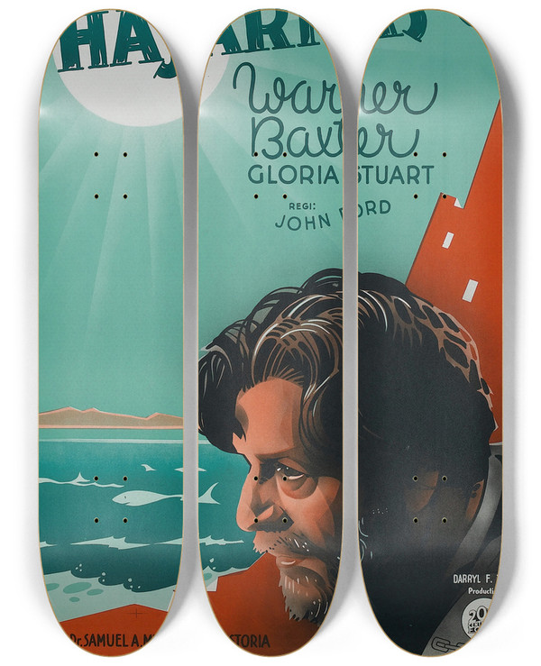 Triptych art skateboard deck of Eric Rohman The Prisoner Of Shark Island by Eric Rohman (1891-1949)