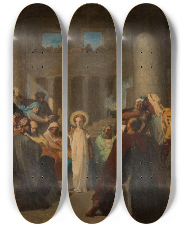 Triptych art skateboard deck of Felixhenri Giacomotti Jsus Chez Les Docteurs by Felix-Henri Giacomotti (1828-1909)
