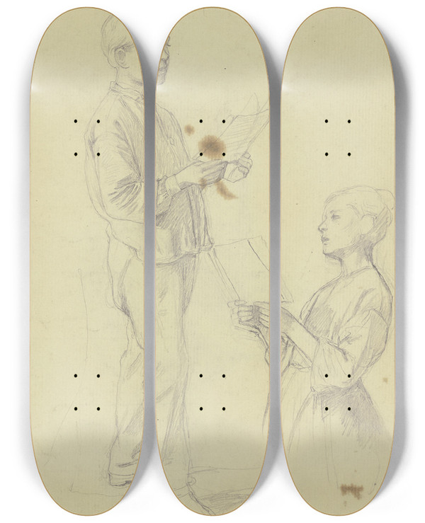 Triptych art skateboard deck of Jakob Becker Studienblatt Singende Jungen Und Mdchen by Jakob Becker (1810-1872)