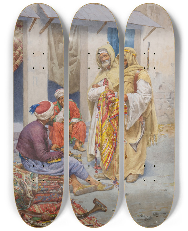 Triptych art skateboard deck of Giulio Rosati The Carpet Seller_2 by Giulio Rosati (1858-1917)