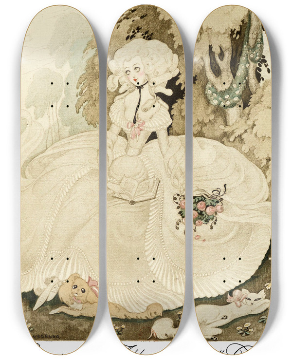 Triptych art skateboard deck of Gerda Wegener Sur Talons Rouges Pl 09 by Gerda Wegener (1886-1940)