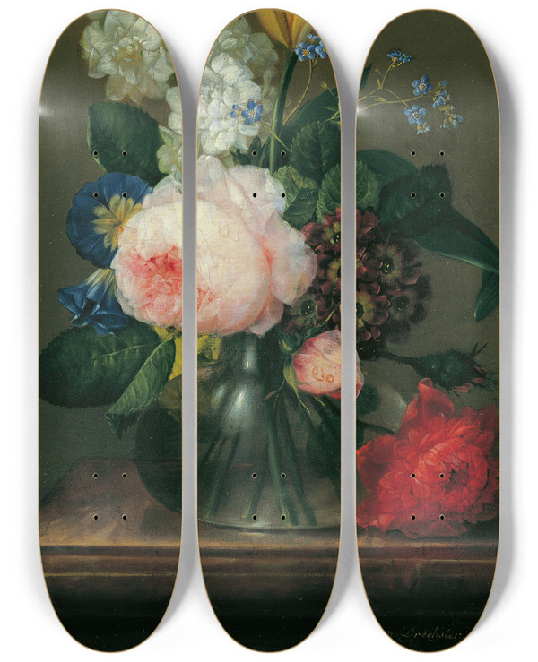 Triptych art skateboard deck of Johann Baptist Drechsler Kleines Blumenstillleben by Johann Baptist Drechsler (1756-1811)