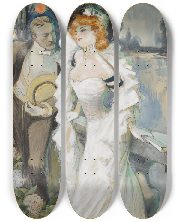 Triptych art skateboard deck of Albert Guillaume An Attractive Offer by Albert Guillaume (1873-1942)
