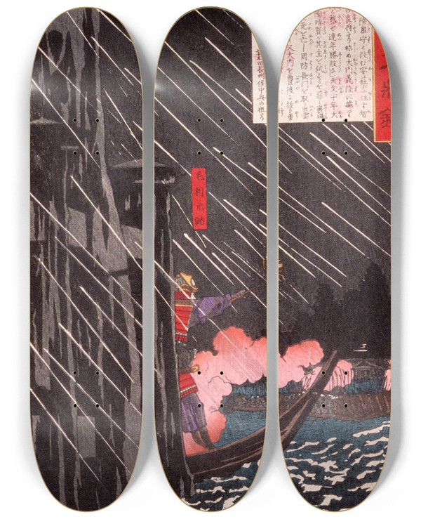 Triptych art skateboard deck of Tsukioka Yoshitoshi Mri Motonari Attacking Sue Harutaka At Itsukushima by Tsukioka Yoshitoshi (1839-1892)