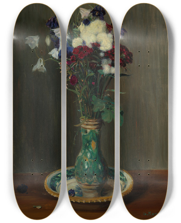 Triptych art skateboard deck of Gustav Kampmann Akeleien Und Nelken In Grner Vase by Gustav Kampmann (1859-1917)