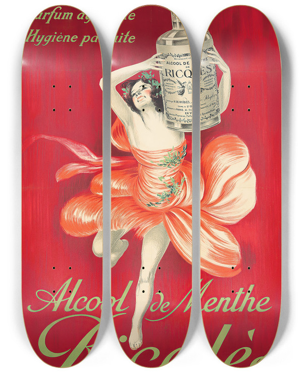 Triptych art skateboard deck of Leonetto Cappiello Alcool De Menthe Ricqls by Leonetto Cappiello (1875-1942)
