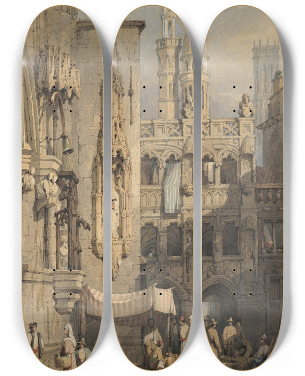 Triptych art skateboard deck of Samuel Prout A Street Bruges by Samuel Prout (1783-1852)