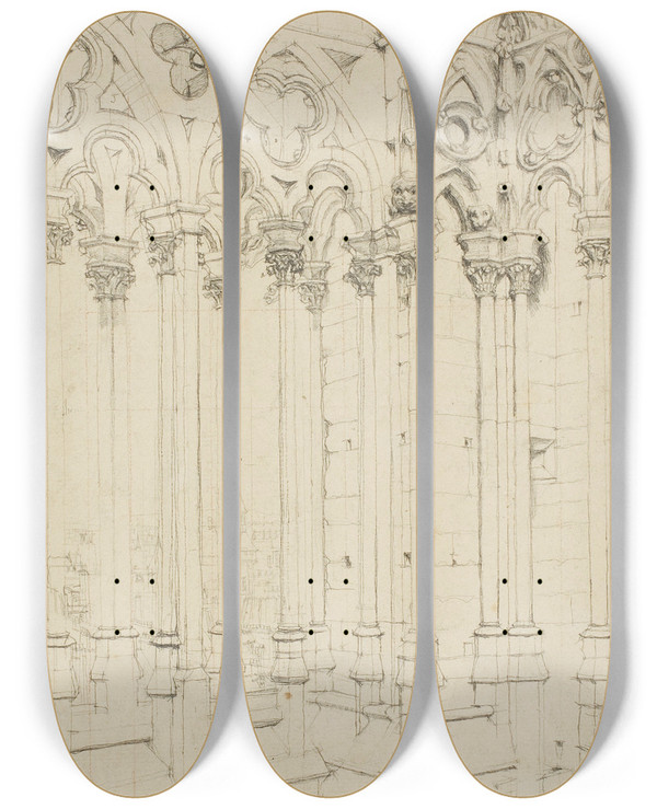 Triptych art skateboard deck of Charles Meryon The Gallery Of Notredame Paris by Charles Meryon (1821-1868)