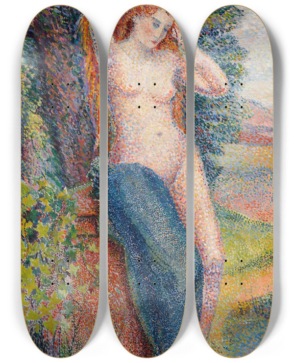 Triptych art skateboard deck of Hippolyte Petitjean Baigneuse Se Coiffant by Hippolyte Petitjean (1854-1929)