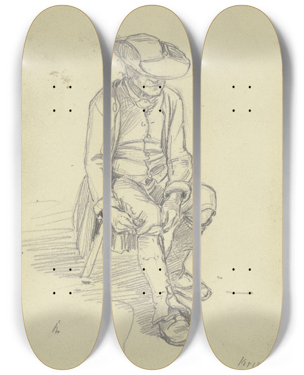 Triptych art skateboard deck of Jakob Frchtegott Dielmann Sitzender Bauer Mit Groem Hut Bindet Sich Das Strumpfband by Jakob Furchtegott Dielmann (1809-1885)