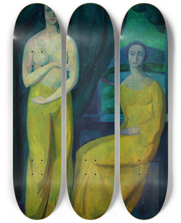 Triptych art skateboard deck of Maximilian Reinitz Zwei Frauen In Einem Raum by Maximilian Reinitz (1872-1935)