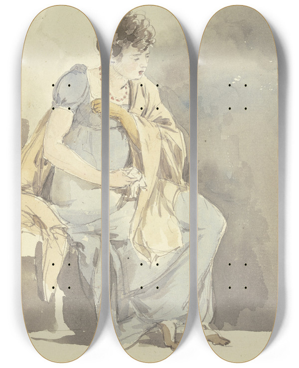 Triptych art skateboard deck of Johann Georg Von Dillis Sitting Woman by Johann Georg Von Dillis (1759-1841)