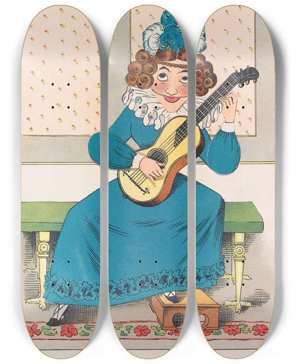 Triptych art skateboard deck of Lothar Meggendorfer Lustiges Automatentheater Pl 5 by Lothar Meggendorfer (1847-1925)