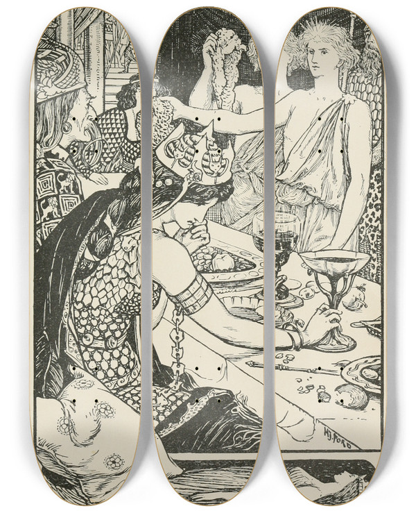 Triptych art skateboard deck of Henry Justice Ford The Boys With The Golden Stars_2 by Henry Justice Ford (1860-1941)