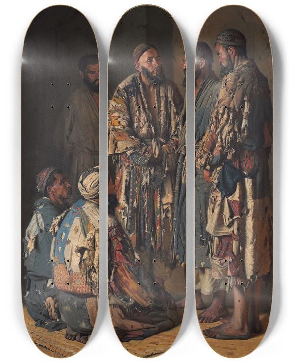 Triptych art skateboard deck of Vasily Vereshchagin Polititians In Opium Shop Tashkent by Vasily Vereshchagin (1842-1904)