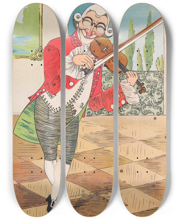 Triptych art skateboard deck of Lothar Meggendorfer Lustiges Automatentheater Pl 2 by Lothar Meggendorfer (1847-1925)