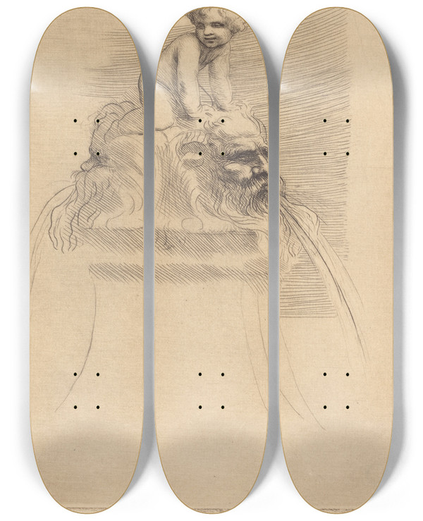 Triptych art skateboard deck of Alphonse Legros Small Fountain Child Playing On The Grotesques Petite Fontaine Enfant Qui Joue Surdes Masques by Alphonse Legros (1837-1911)