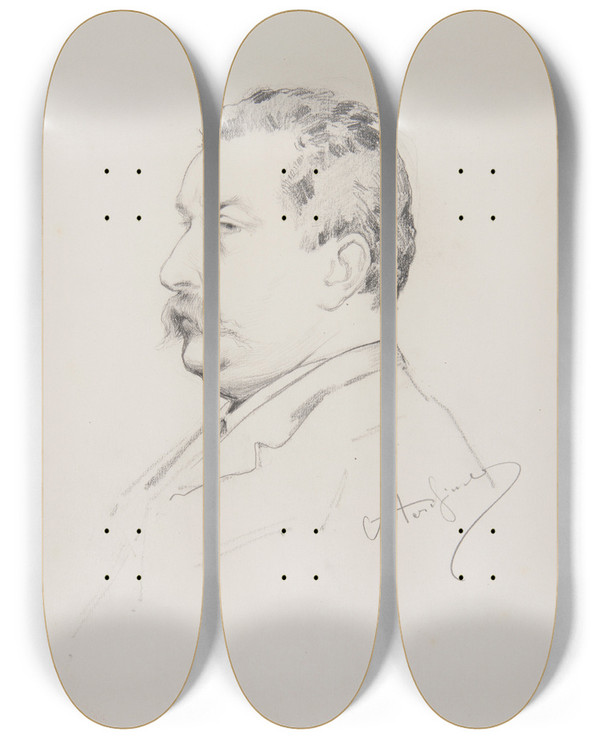 Triptych art skateboard deck of Ferdynand Bryll Szkic Do Portretu Mczyzny by Ferdynand Bryll (1863-1922)