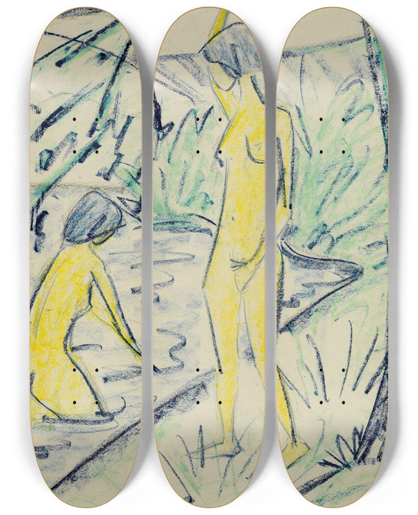 Triptych art skateboard deck of Otto Mueller Zwei Badende Mdchen by Otto Mueller (1874-1930)